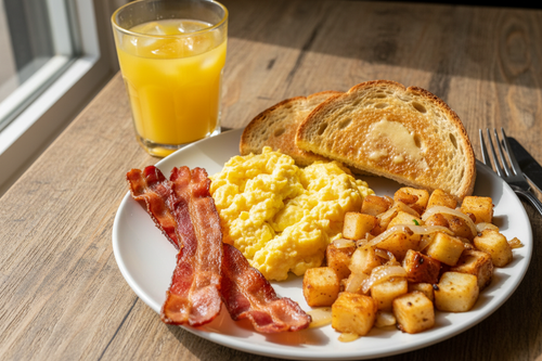 bacon on plate with scrambled eggs, toast, orange juice, hash browns