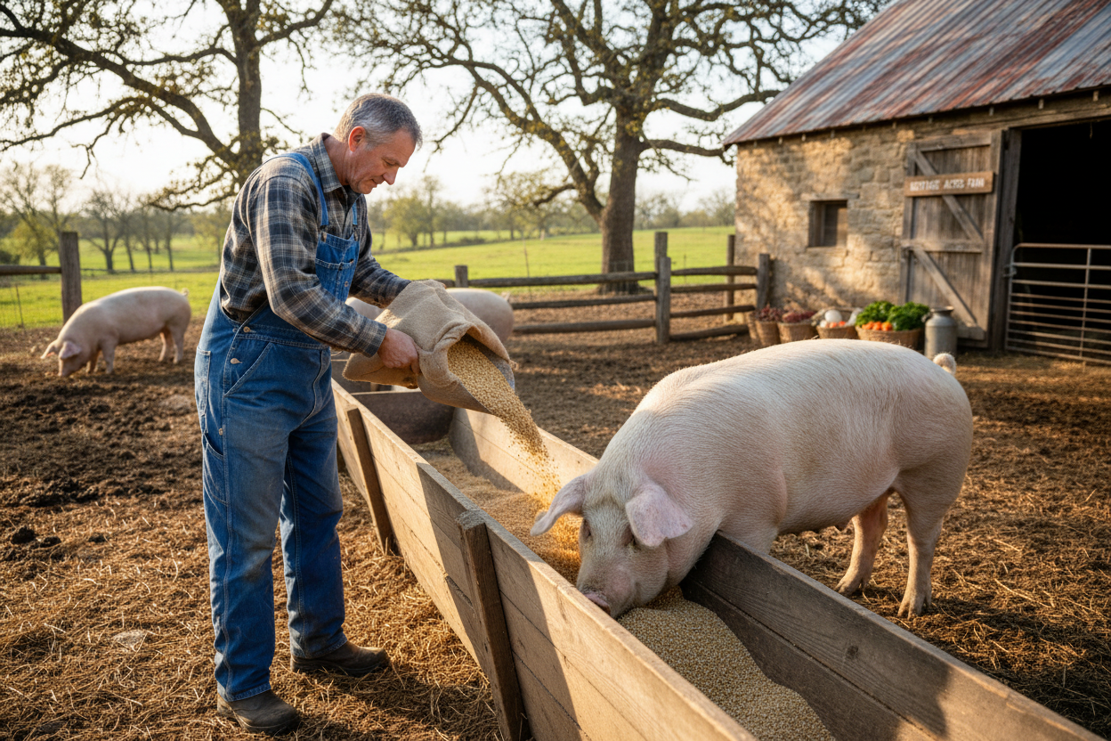 farmer pouring feed into bunker with yorkshire pig eating from it