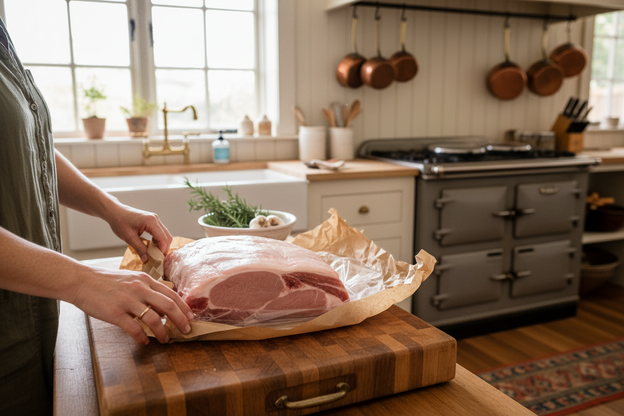 housewife unwrapping pork loin roast in kitchen