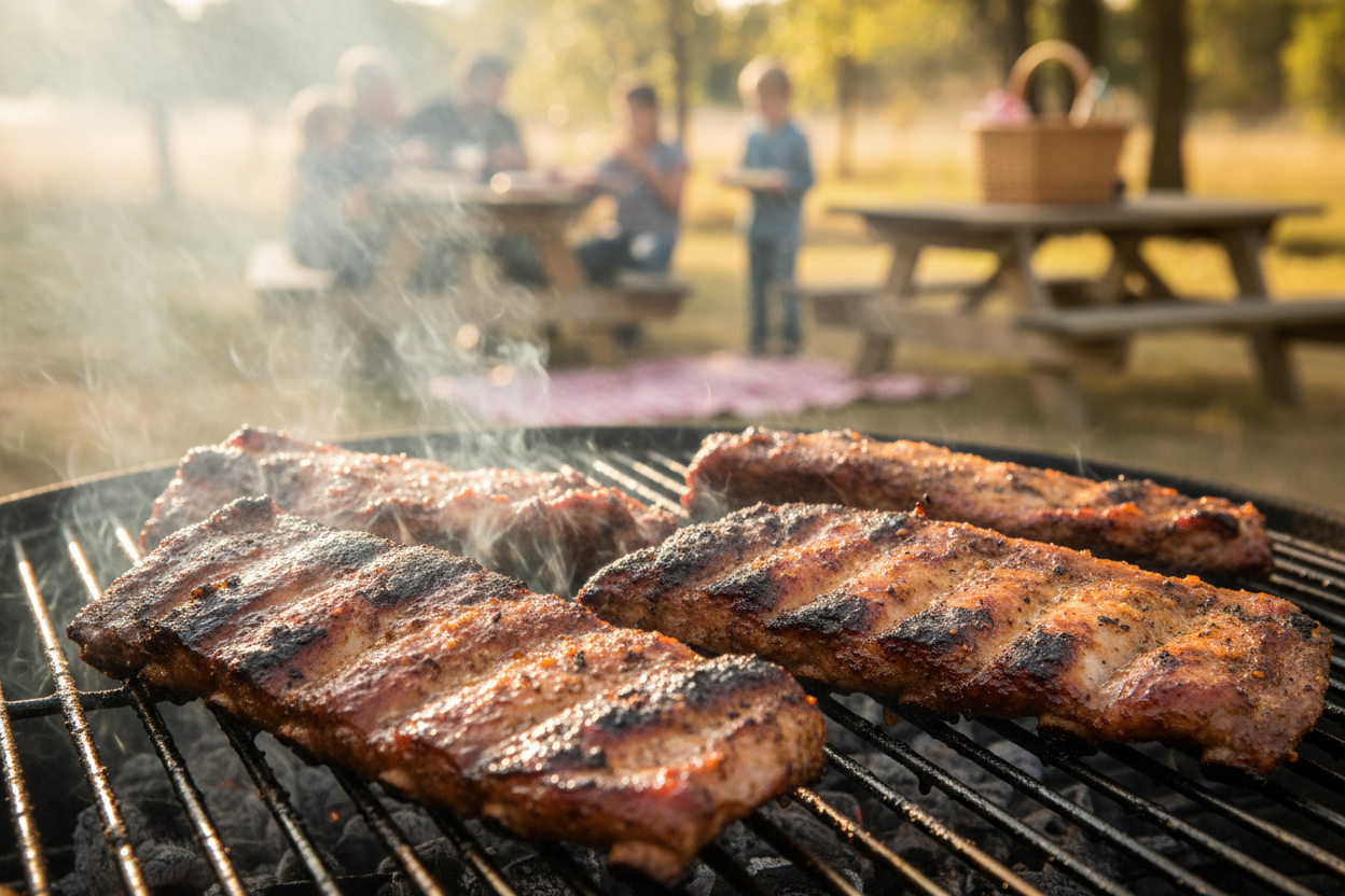 pork spare ribs sizzling on a grill with a family picnic in the background and out of focus.