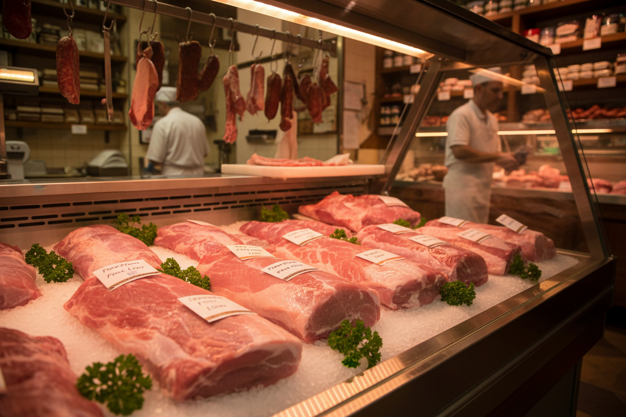 pork tenderloin displayed in a display case in a butcher shop