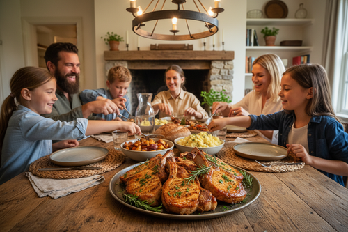 show family eating pork chops at dinner. feature the chops prominently.